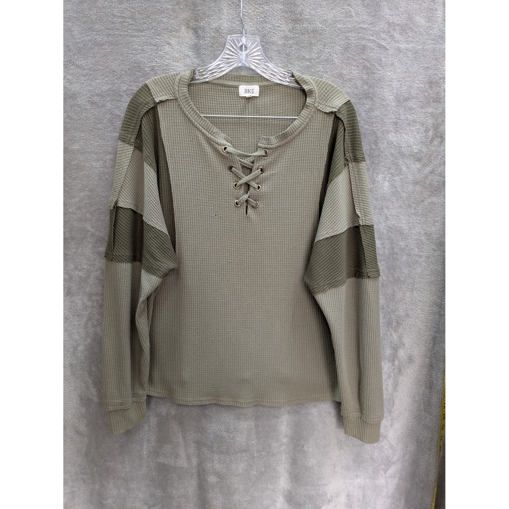 BKE Shirt Womens Medium Oversized Boxy Grunge Lace Up Raw Seams Hole‎